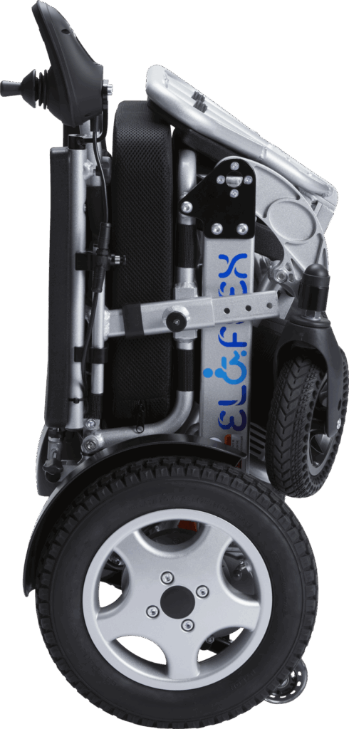 Produktbilde av ihopfälld Eloflex K (barnmodell)elrullstol. Rullstolen står på högkant.