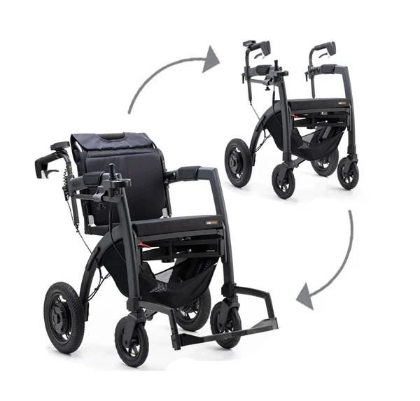 Rollatorn Rollz Motion Electric visas som både rollator och som rullstol i kombination.