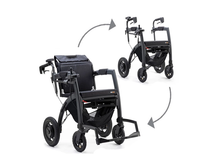 Rollatorn Rollz Motion Electric visas som både rollator och som rullstol i kombination.