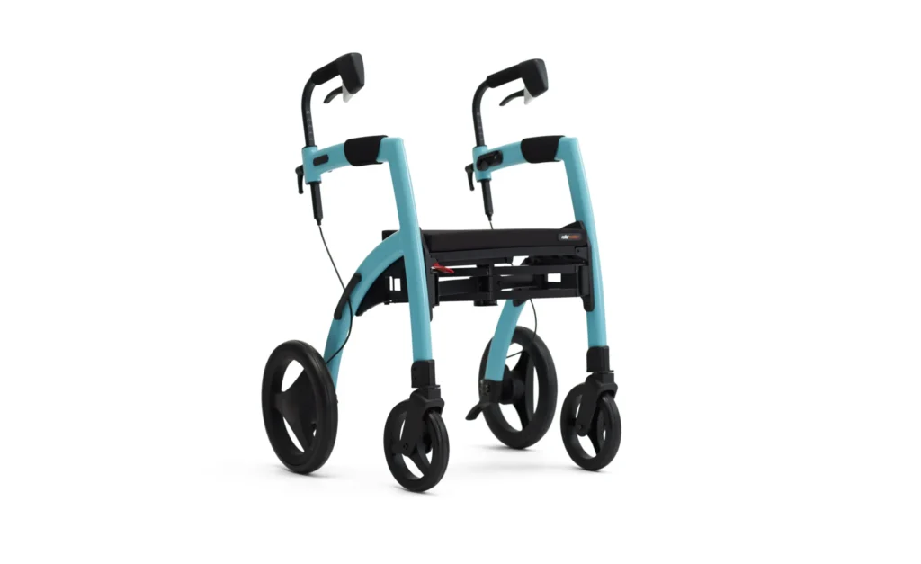 Rullatorn Rollz Motion i färgen Island Blå, sedd på sned från framsidan.